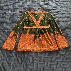 INC International Concepts Black and Orange Paisley Long Sleeve Blouse